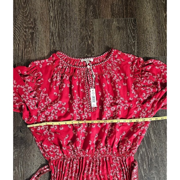 Max Studio Red Floral Print Puff Sleeve Pleated Midi  Dress Women's Large - Picture 7 of 10